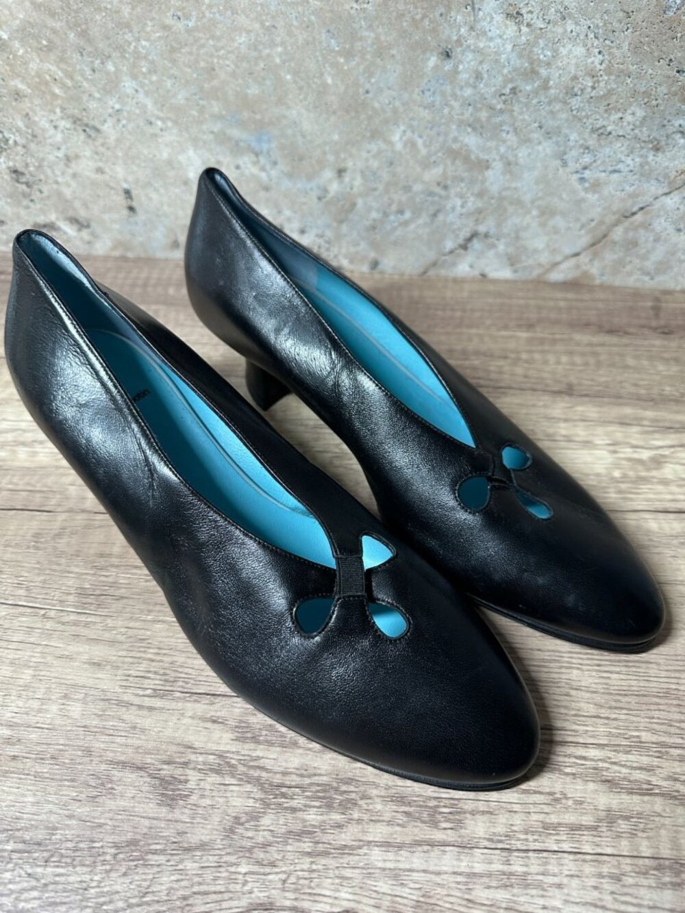 Thierry Rabotin Women Black Leather Pumps Cutout Low Heel Shoes Made Italy 40.5